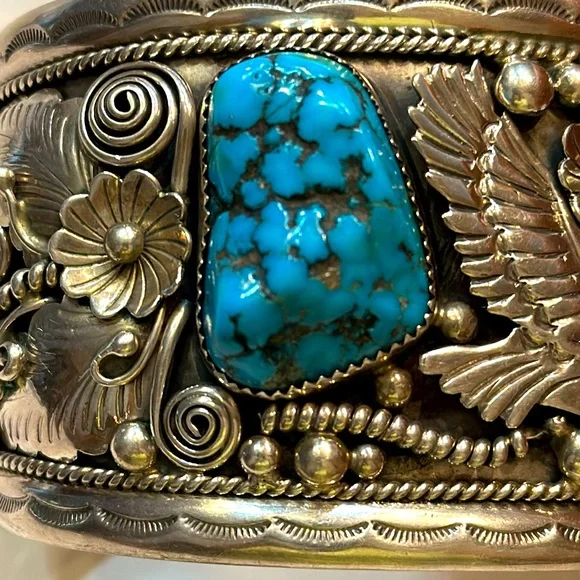 Vintage Navajo G James Signed Kingman Turquoise Silver Cuff Bracelet Heavy🔥🔥🔥 - Picture 8 of 16